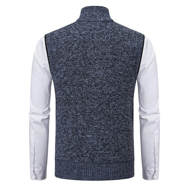 Men's knitted zip-front vest with high collar and pockets