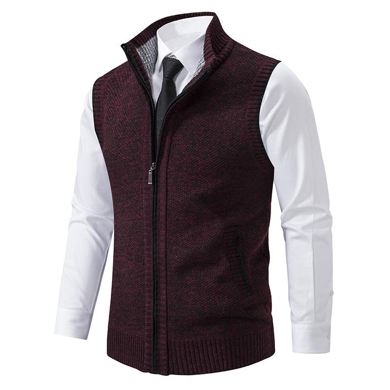 Men's knitted zip-front vest with high collar and pockets