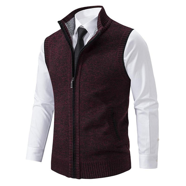 Men's knitted zip-front vest with high collar and pockets