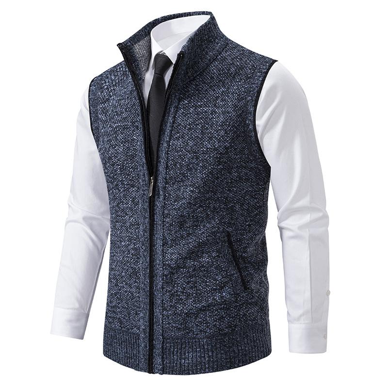 Men's knitted zip-front vest with high collar and pockets