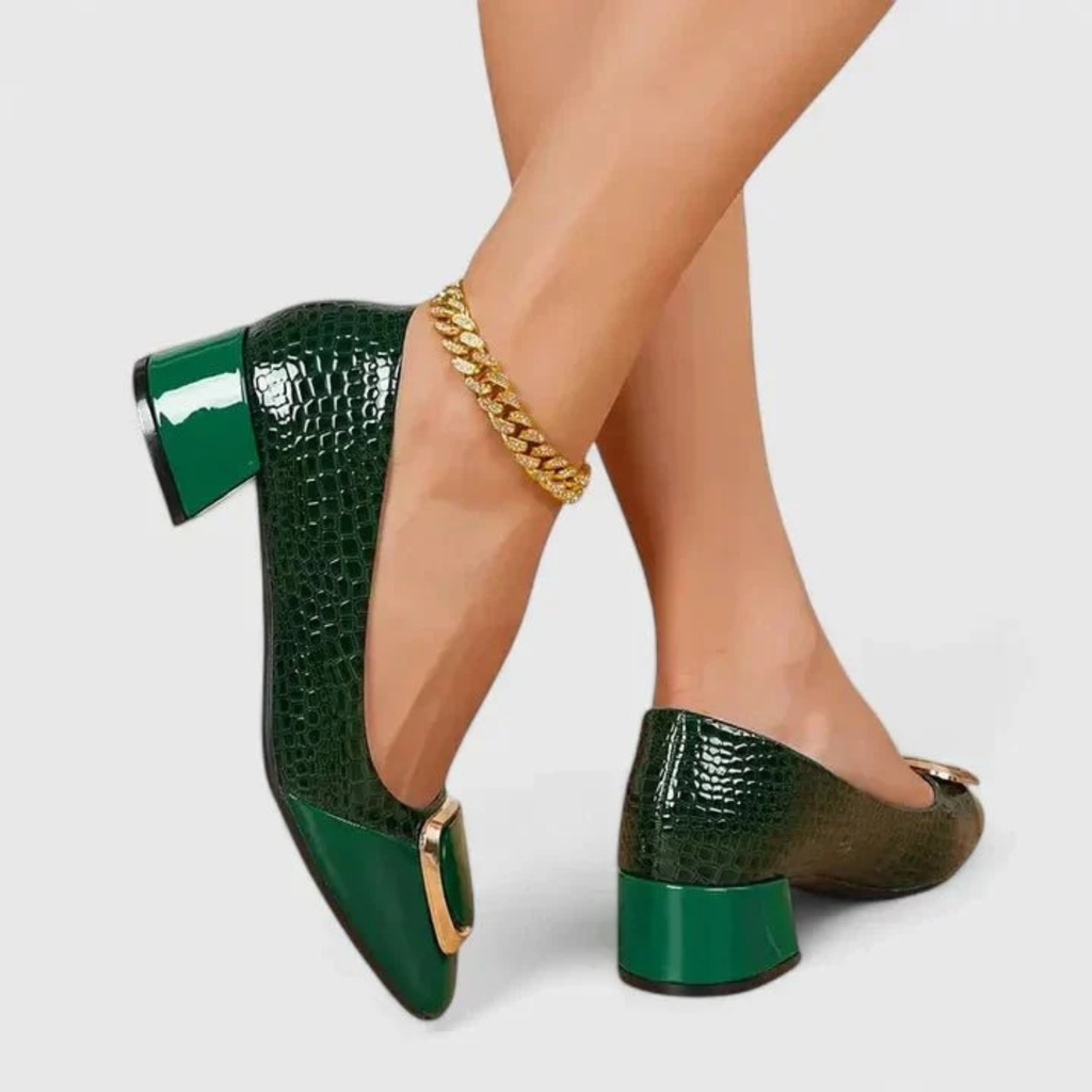 Women's textured pointed-toe loafers with mid block heels and metallic back details