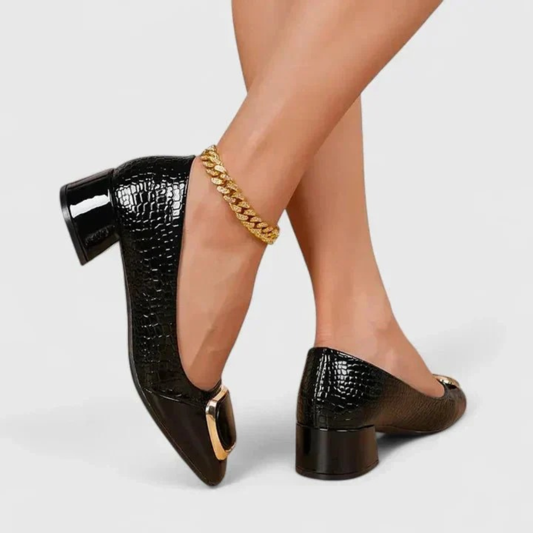 Women's textured pointed-toe loafers with mid block heels and metallic back details