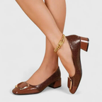 Women's textured pointed-toe loafers with mid block heels and metallic back details