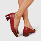 Women's textured pointed-toe loafers with mid block heels and metallic back details