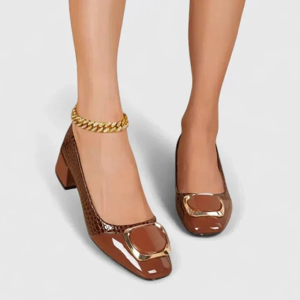 Women's textured pointed-toe loafers with mid block heels and metallic back details