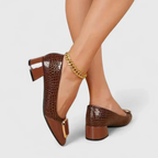 Women's textured pointed-toe loafers with mid block heels and metallic back details