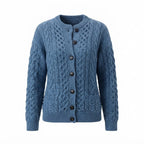 Women's textured cable knit cardigan with crew neck, long sleeves and button front
