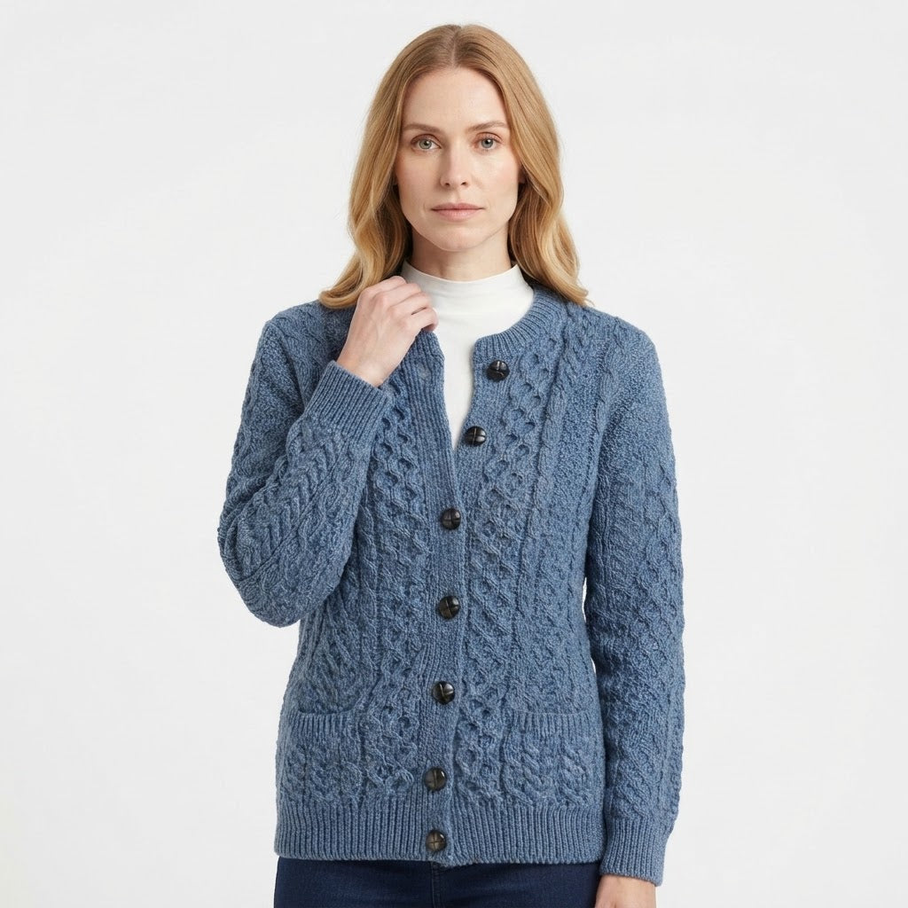 Women's textured cable knit cardigan with crew neck, long sleeves and button front