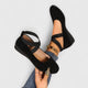 Women's Mary Jane wedge shoes with cross straps and rounded toe