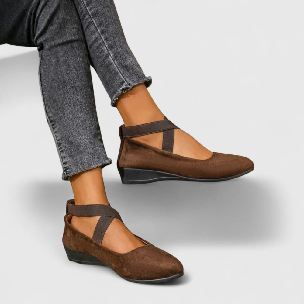 Women's Mary Jane wedge shoes with cross straps and rounded toe