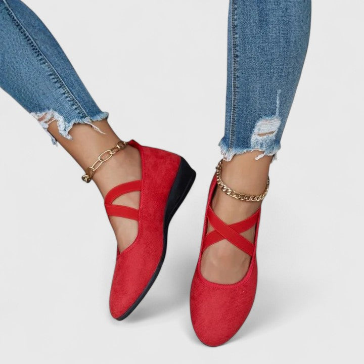 Women's Mary Jane wedge shoes with cross straps and rounded toe
