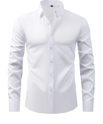 Men's long sleeve formal shirt with point collar, button front and curved hem
