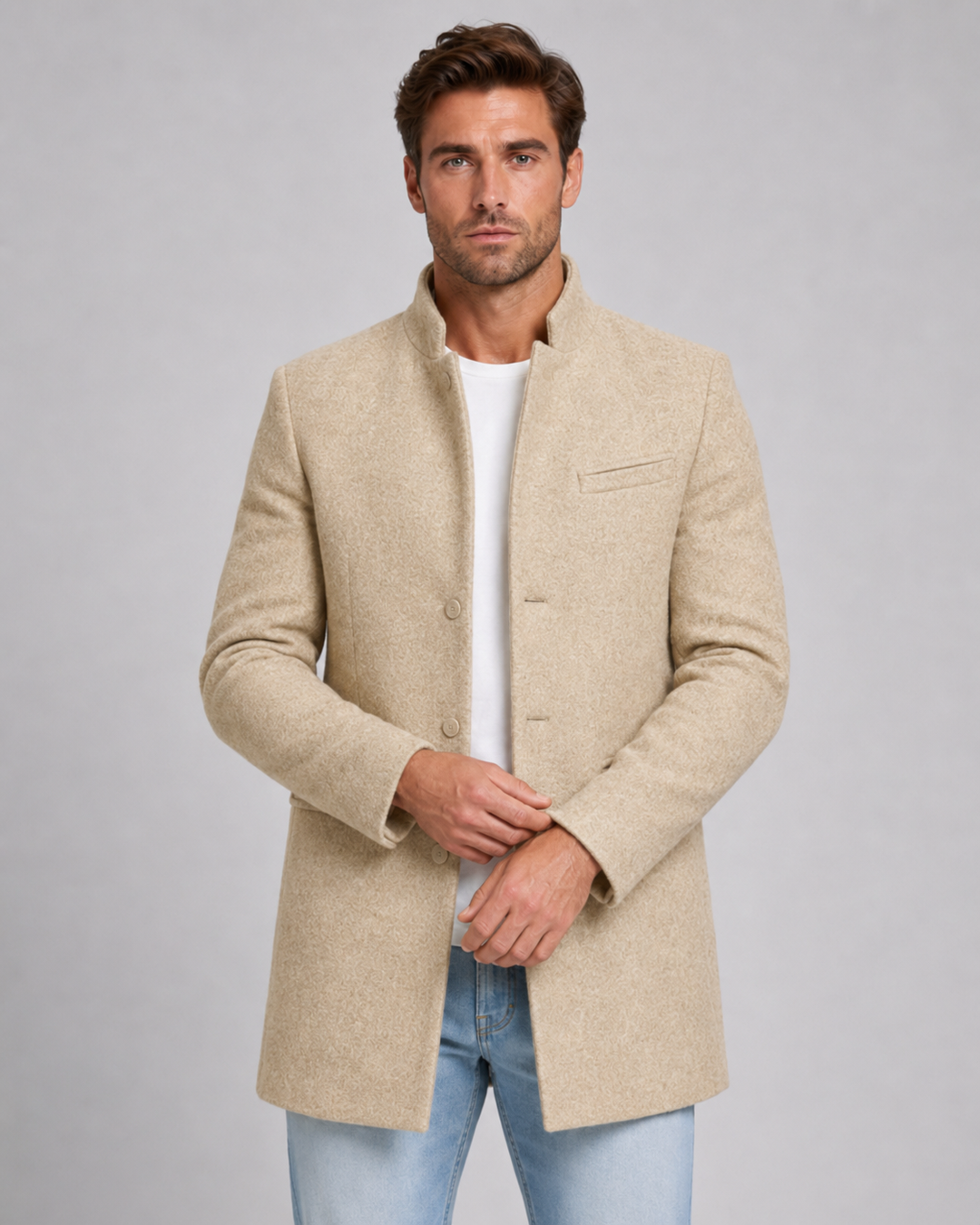 Men's Stand Collar Wool-Blend Look Coat