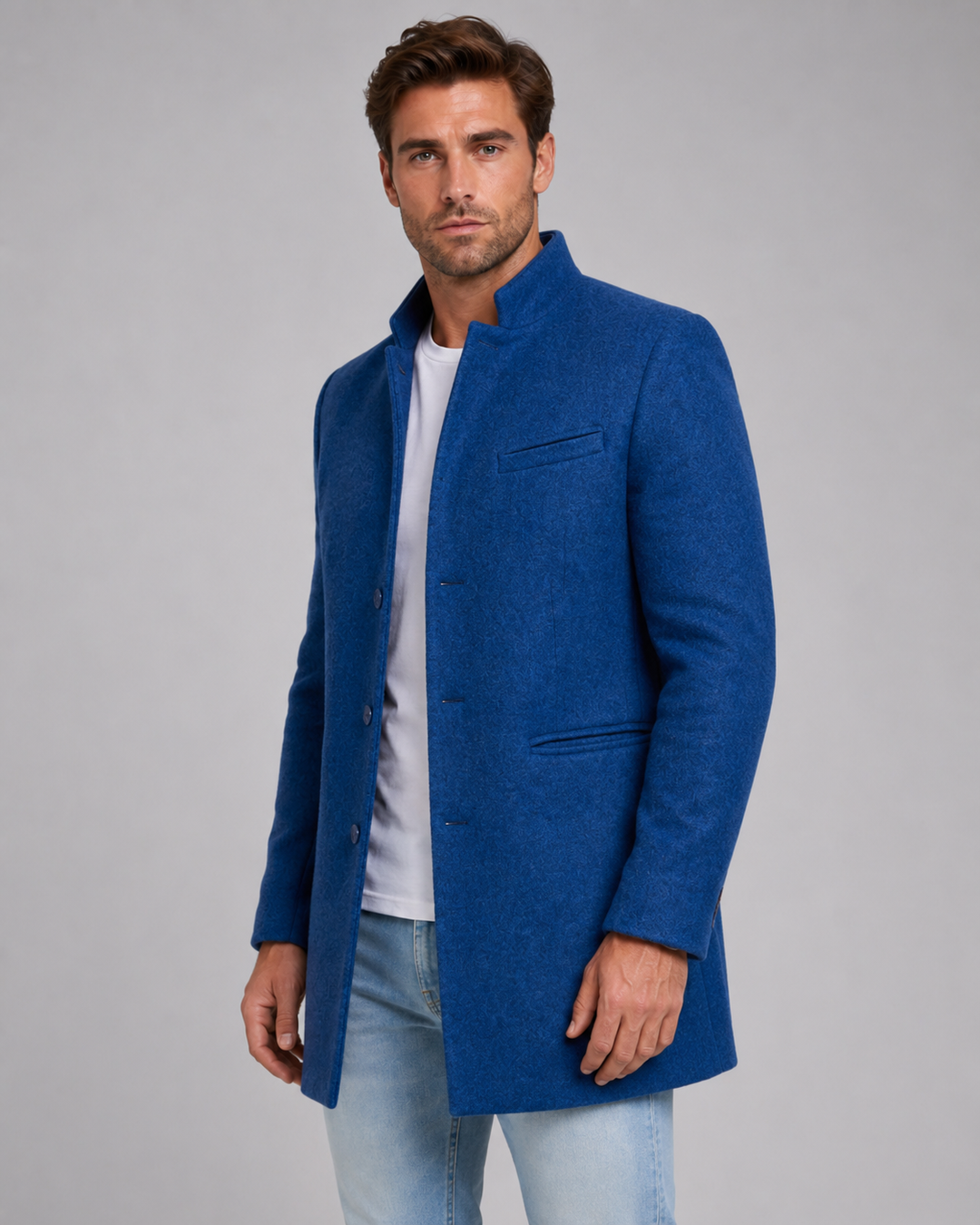 Men's Stand Collar Wool-Blend Look Coat