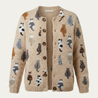 Women's beige cardigan with repeated cat pattern, crew neck and button front