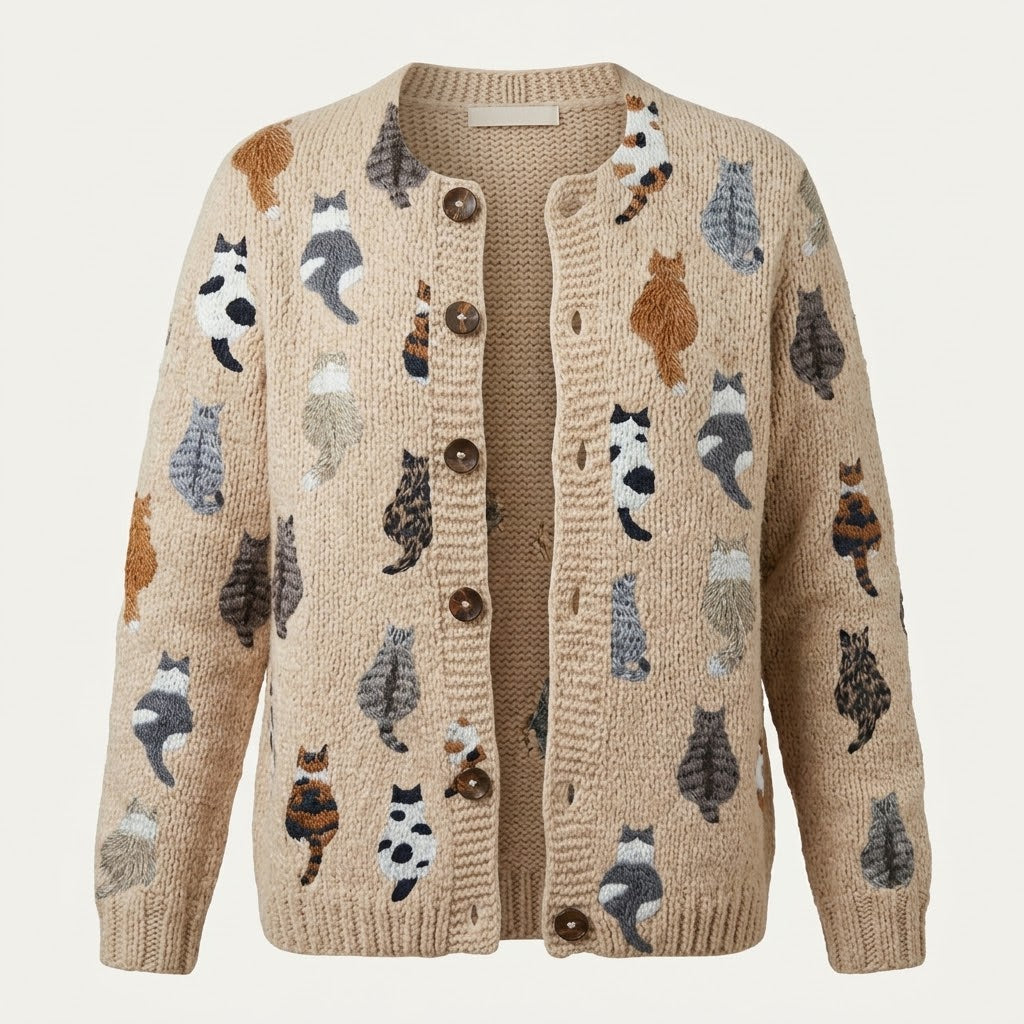 Women's beige cardigan with repeated cat pattern, crew neck and button front