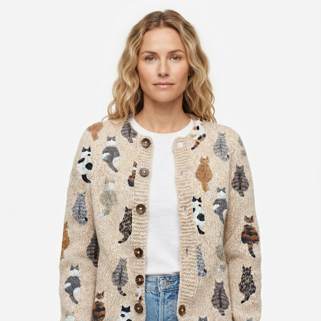 Women's beige cardigan with repeated cat pattern, crew neck and button front