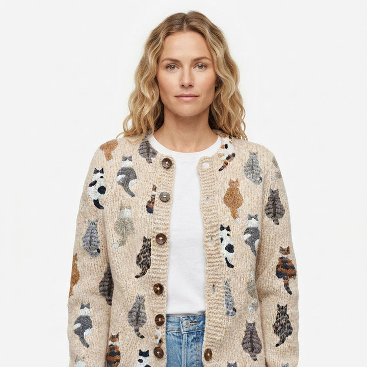 Women's beige cardigan with repeated cat pattern, crew neck and button front