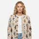 Women's beige cardigan with repeated cat pattern, crew neck and button front