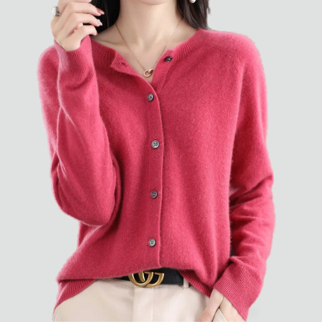 Women's plain knitted button-front cardigan with V-neckline and long sleeves