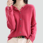 Women's plain knitted button-front cardigan with V-neckline and long sleeves