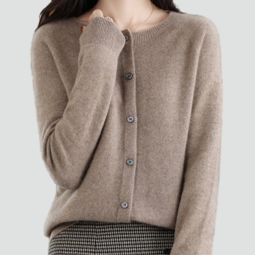 Women's plain knitted button-front cardigan with V-neckline and long sleeves