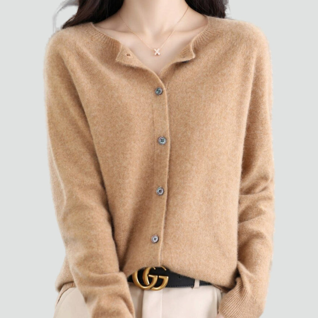 Women's plain knitted button-front cardigan with V-neckline and long sleeves