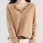 Women's plain knitted button-front cardigan with V-neckline and long sleeves