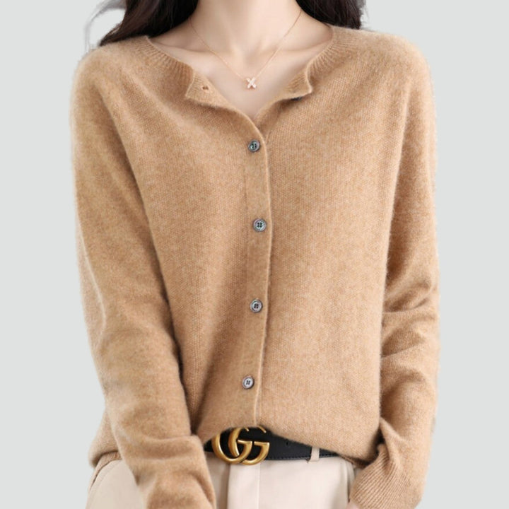 Women's plain knitted button-front cardigan with V-neckline and long sleeves