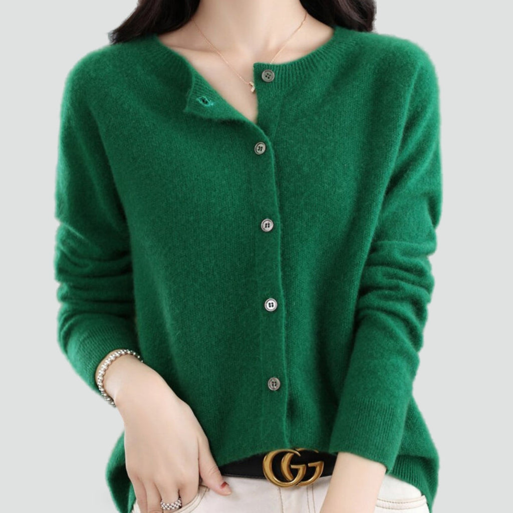 Women's plain knitted button-front cardigan with V-neckline and long sleeves