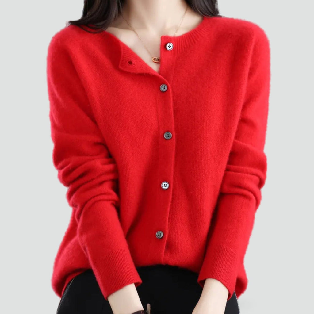 Women's plain knitted button-front cardigan with V-neckline and long sleeves