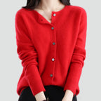 Women's plain knitted button-front cardigan with V-neckline and long sleeves
