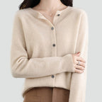 Women's plain knitted button-front cardigan with V-neckline and long sleeves