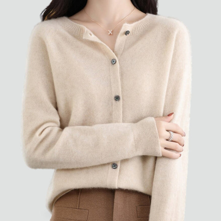 Women's plain knitted button-front cardigan with V-neckline and long sleeves