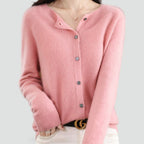Women's plain knitted button-front cardigan with V-neckline and long sleeves