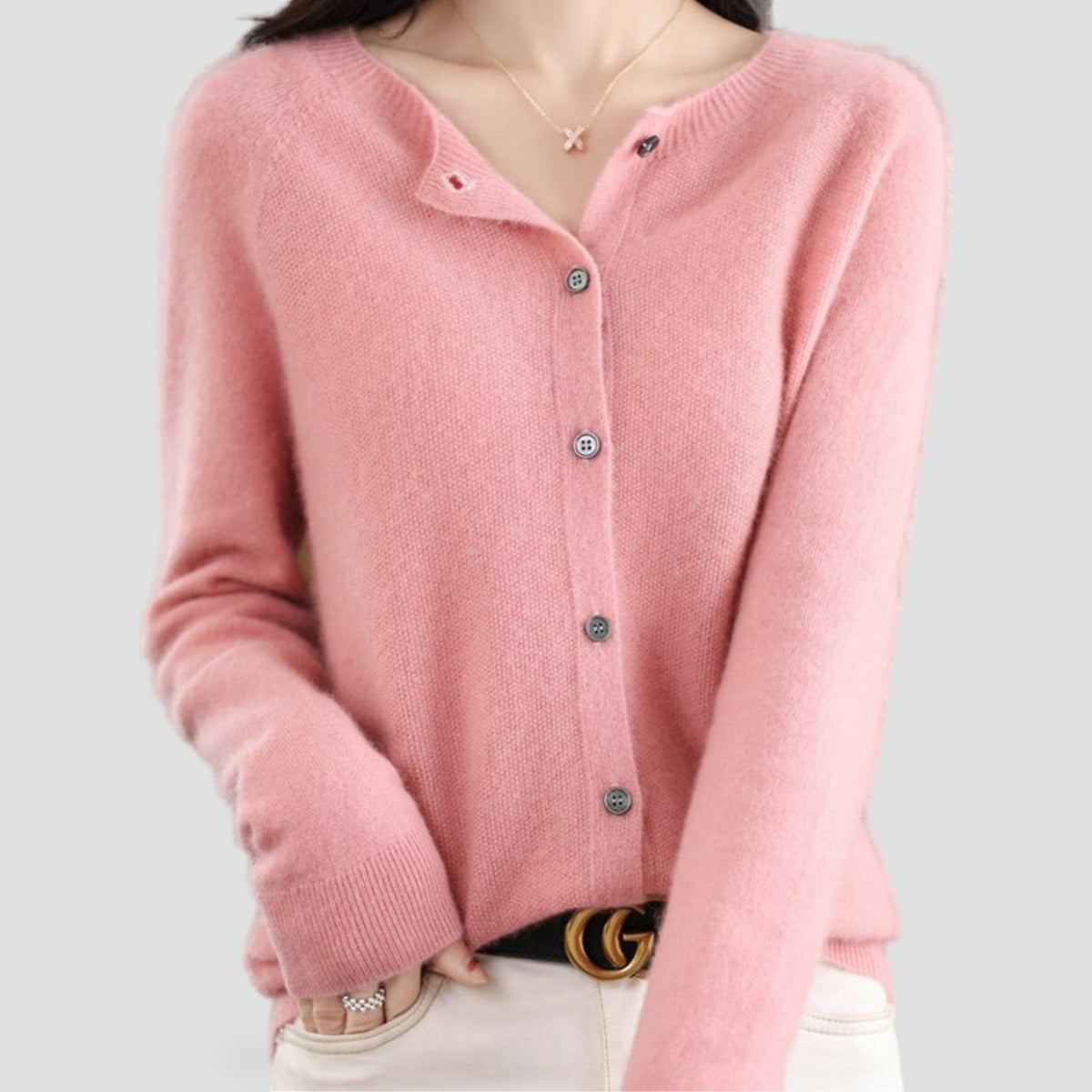 Women's plain knitted button-front cardigan with V-neckline and long sleeves