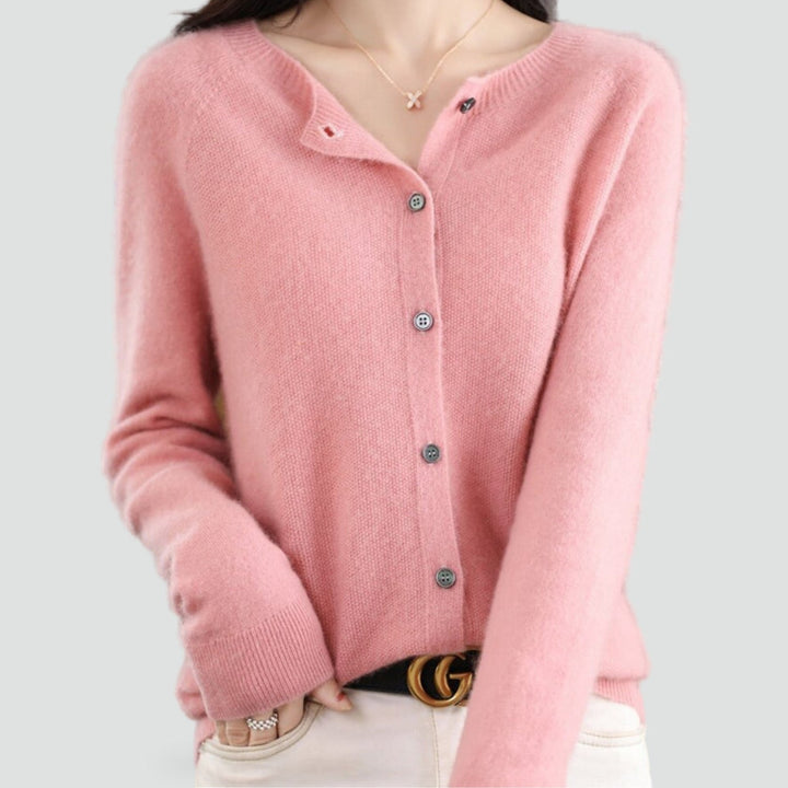 Women's plain knitted button-front cardigan with V-neckline and long sleeves