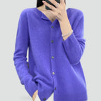 Women's plain knitted button-front cardigan with V-neckline and long sleeves