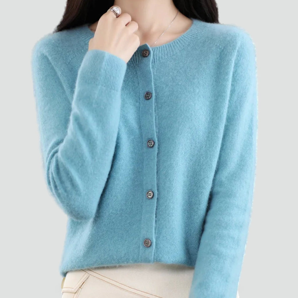 Women's plain knitted button-front cardigan with V-neckline and long sleeves
