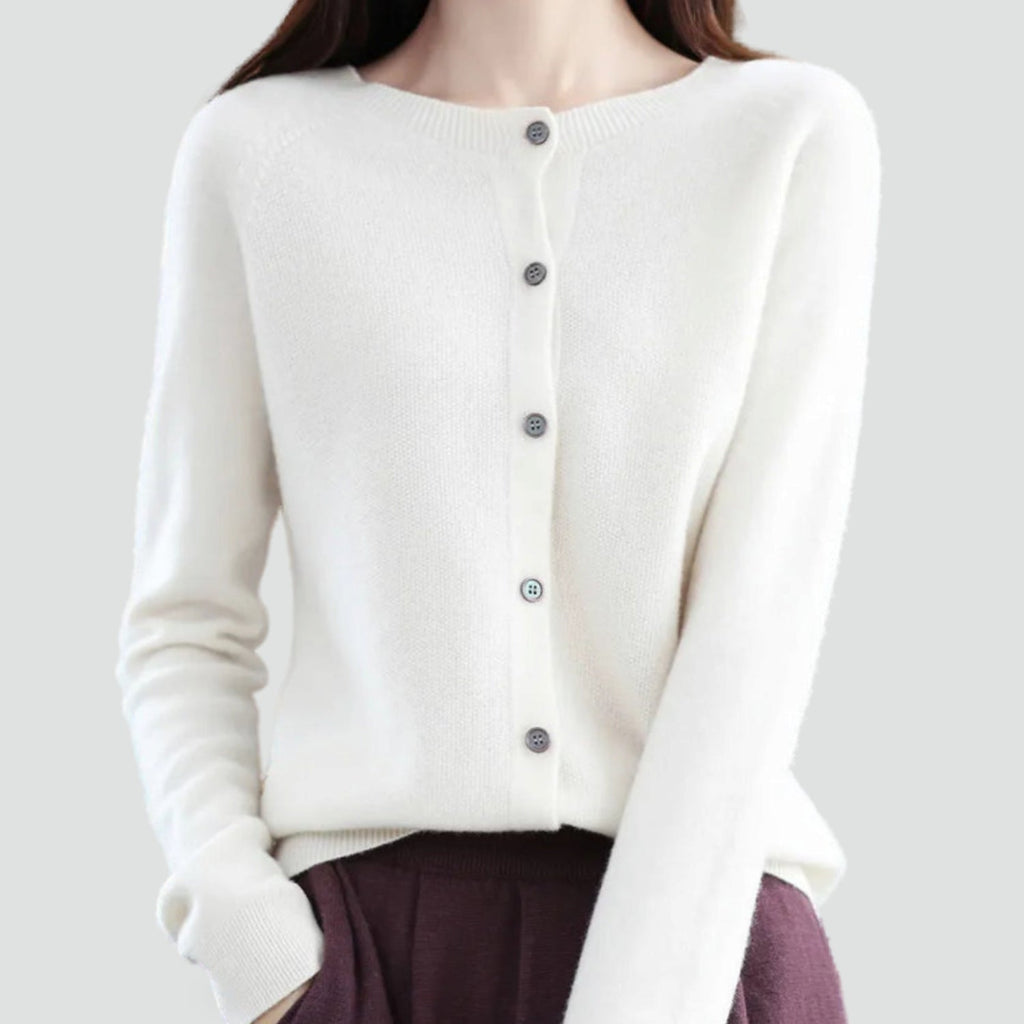 Women's plain knitted button-front cardigan with V-neckline and long sleeves