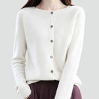 Women's plain knitted button-front cardigan with V-neckline and long sleeves