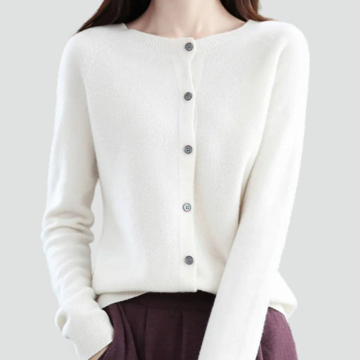 Women's plain knitted button-front cardigan with V-neckline and long sleeves