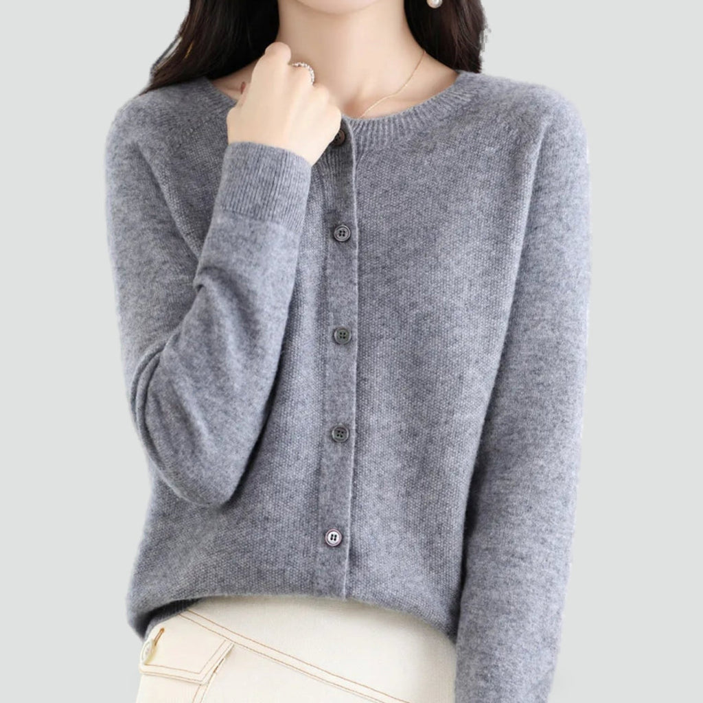 Women's plain knitted button-front cardigan with V-neckline and long sleeves