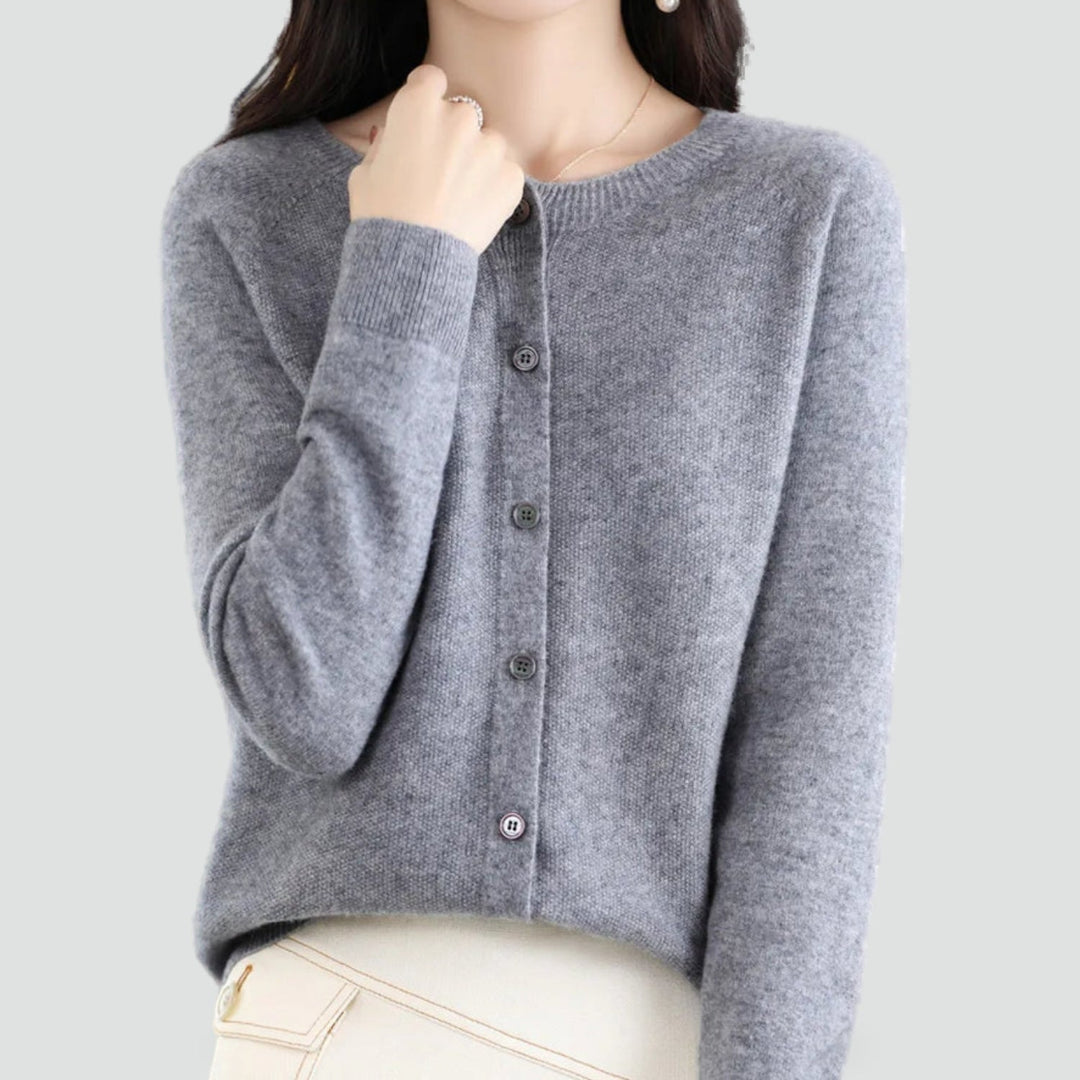Women's plain knitted button-front cardigan with V-neckline and long sleeves
