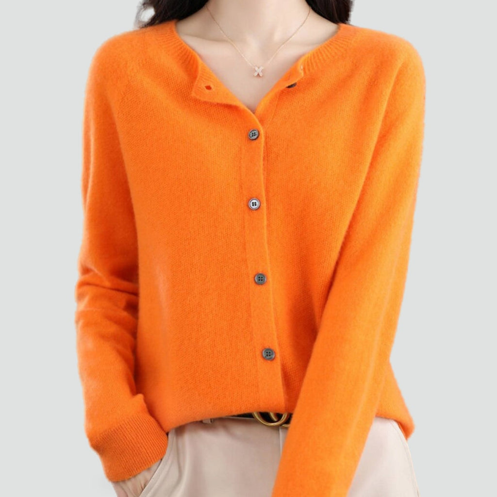 Women's plain knitted button-front cardigan with V-neckline and long sleeves