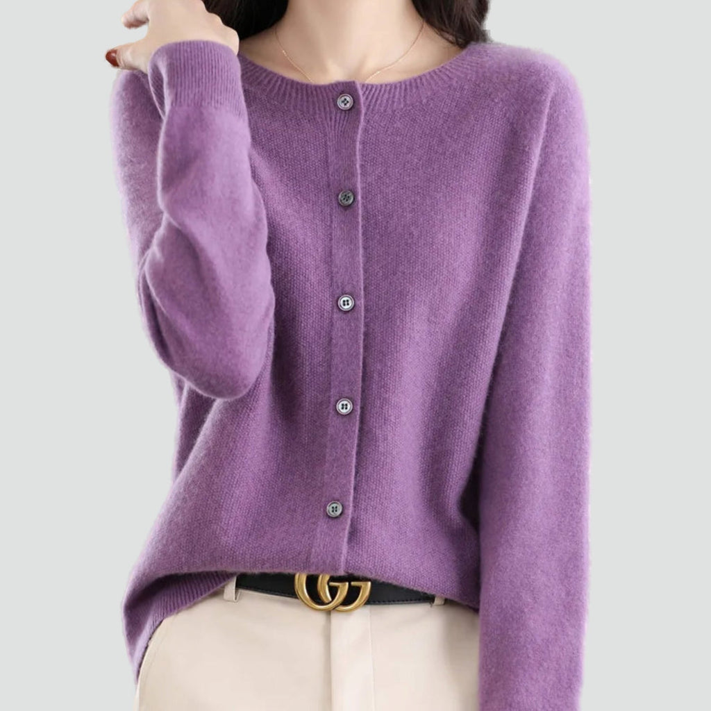 Women's plain knitted button-front cardigan with V-neckline and long sleeves