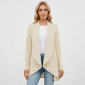 Women's open front textured cable cardigan with long sleeves and draped front panels