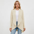 Women's open front textured cable cardigan with long sleeves and draped front panels