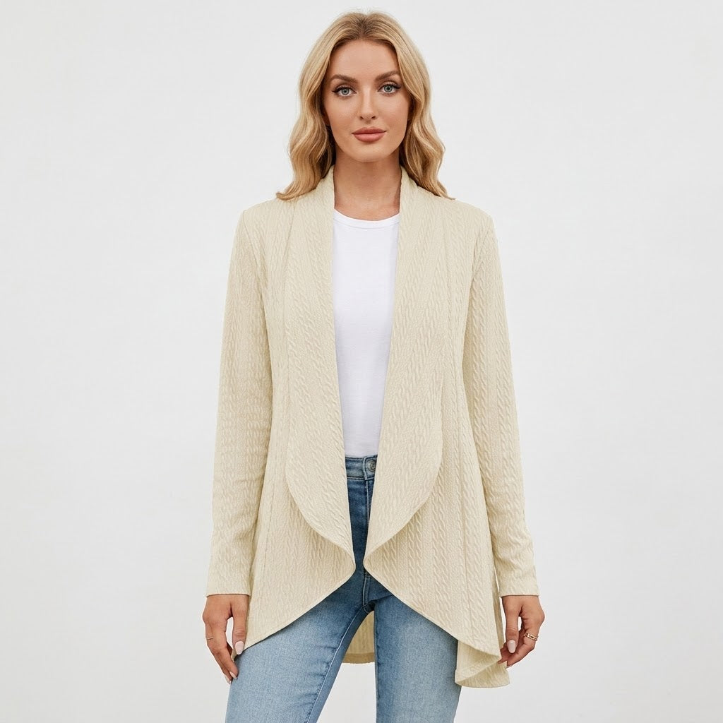 Women's open front textured cable cardigan with long sleeves and draped front panels