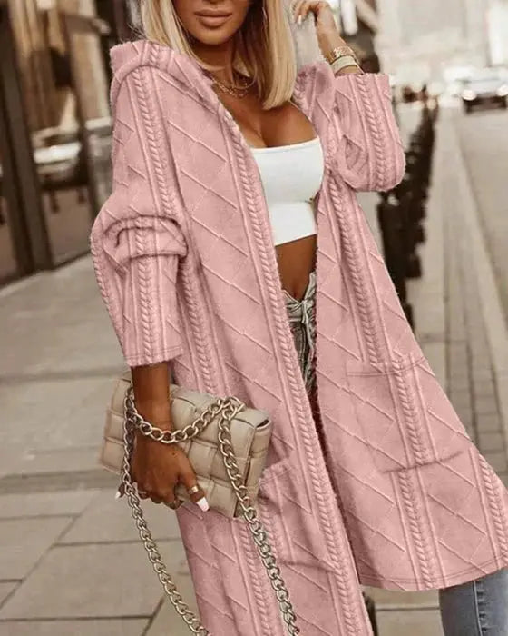 Women's longline cable knit hooded cardigan